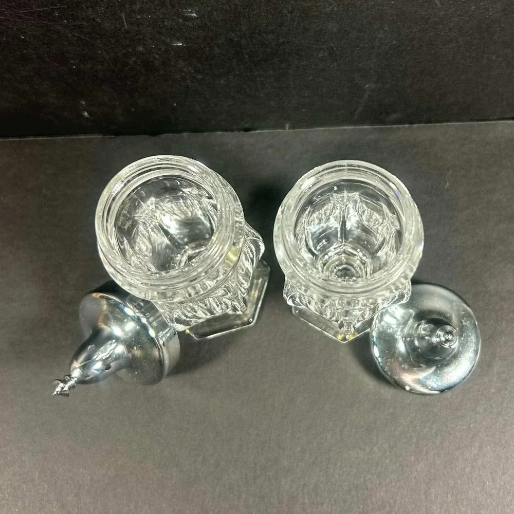 Vintage Fostoria Crystal Revere Footed Metal Lid Salt and Pepper Shaker Set